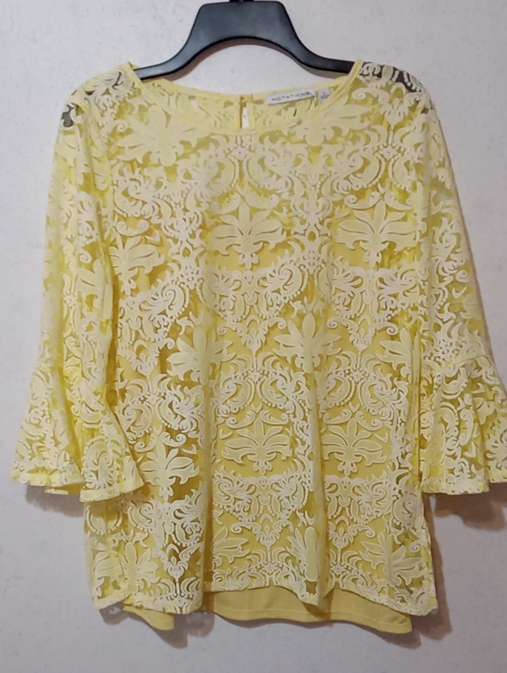 Notations Yellow Lace Overlay Blouse with Flared Sleeves